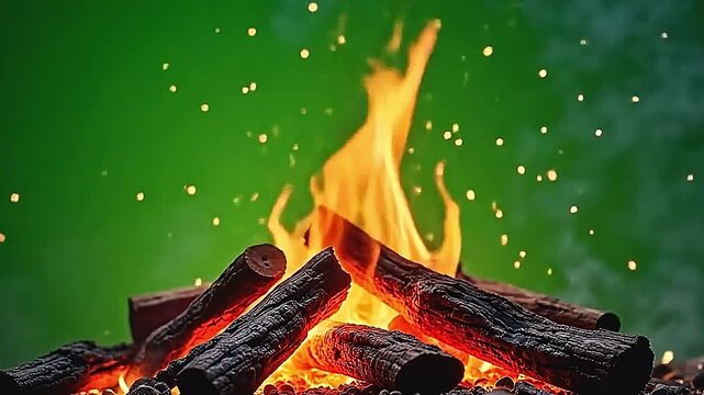 Explode burnt wood ember sparks scatter energetically, glowing brightly as they float over a vibrant green background, producing a dynamic and harmonious blend of elements.