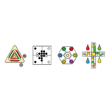 A diverse collection of four classic and abstract board games isolated on a white background.