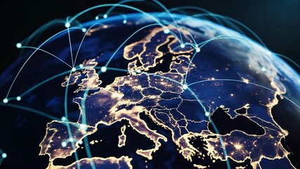 Worldwide network overlaying the earth with illuminated European cities symbolizing global connectivity and technology. - Powered by Adobe