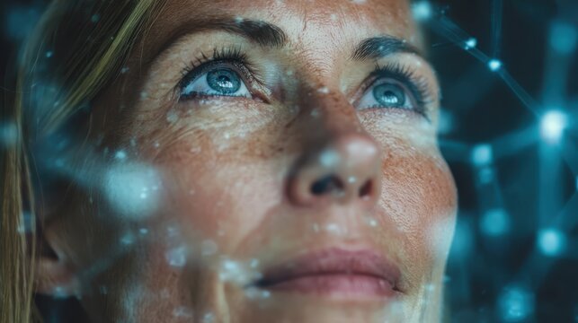 Woman gazing thoughtfully while futuristic digital graphics swirl around her face, combining technology and emotion in a modern setting