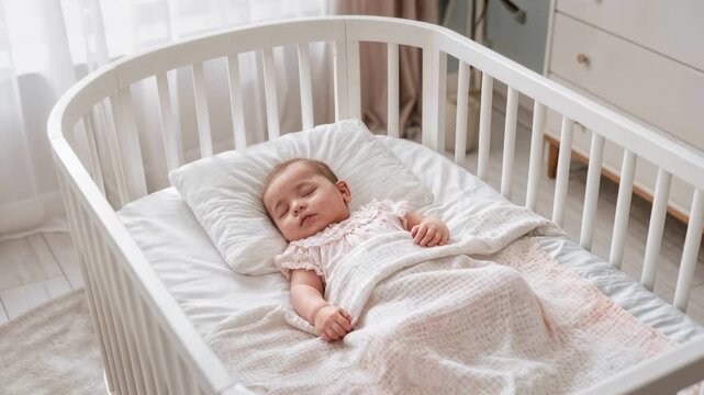 Baby Girl Sleeping Peacefully in White Crib Nursery Room