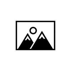 Simple line art icon representing a landscape with mountains and sun