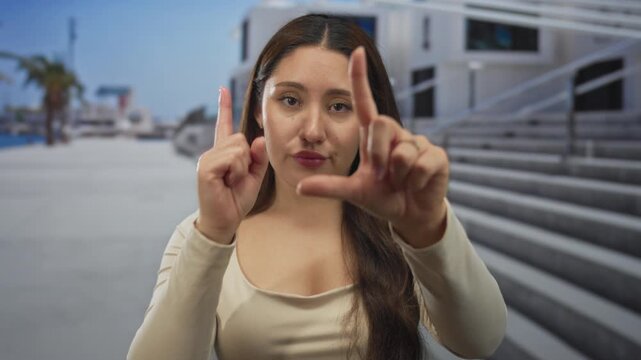 Young hispanic woman holds loser gesture with fingers in front of urban building at seaside promenade; mockery.