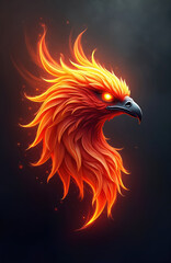 Fiery phoenix bird head graphic. Mythical creature with burning orange and yellow feathers. Powerful symbol of rebirth, fire, and magic. Great for gaming or fantasy themes.