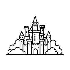 Stylized line art of a castle with clouds isolated on white background