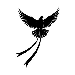 Silhouette of a black bird with long tail feathers flying isolated on white background