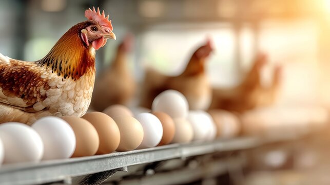 Hens and fresh eggs on wooden surface. Farm poultry, organic egg production, backyard chicken farming, natural livestock.