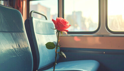 A single rose sits on a blue bus seat, bathed in sunlight.