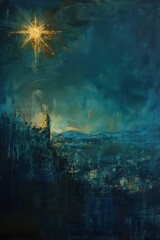 Epiphany celebration with bright star over bethlehem night scene for holiday design. Vertical banner. Copy space. Star of Bethlehem, or Christmas Star. Three Kings Day