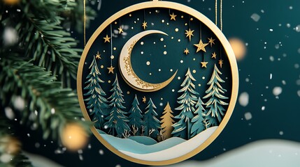 Golden moon ornament with snowy pine trees in winter night scene