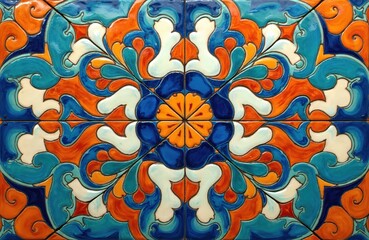 Fototapeta premium Colorful ceramic tiles form a mosaic. Intricate floral pattern repeats in blue orange and white. Traditional handicraft art adorns surface with geometric detail. Decorative surface texture shines.