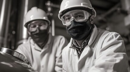 Two dedicated professionals wearing safety helmets goggles and masks are intently working in a sterile industrial facility possibly a laboratory or
