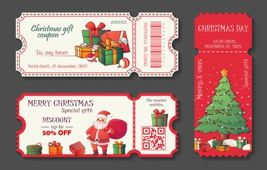 Vector set of Christmas gift coupons with Santa, decorated tree, presents, and festive borders. Holiday voucher designs for discounts, special gifts, winter promotions, and seasonal events.