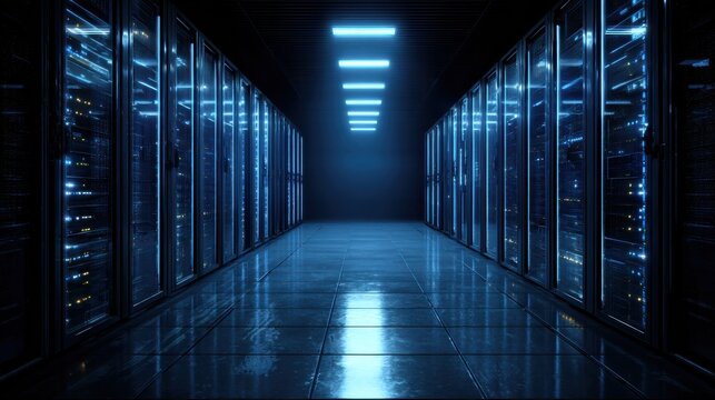 View of a modern data center with illuminated server racks at night showcasing advanced technology and sleek design