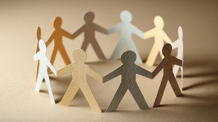 People made of paper hold hands in a circle, symbolizing unity and diversity in a community setting during daylight