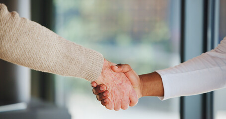 Senior care, people or introduction handshake for partnership, caregiver greeting or thank you for...