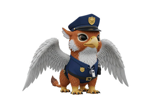 Whimsical depiction of a griffon police officer isolated on a black background