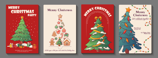 Vector set of Christmas posters with illustration of trees, festive cookies, glowing lights, and winter elements. Holiday templates for  invitation, greeting card.