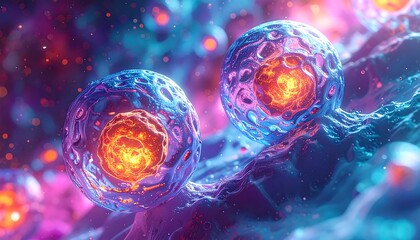 Microscopic view Glowing spherical structures floating amid vibrant, textured terrain