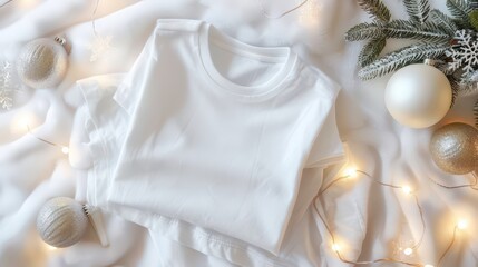 Festive christmas and new year mockup with t-shirt and decorations for holiday design. Flat lay. Template for a clothing store, shopping center, mall. Horizontal banner. Copy space. Top view