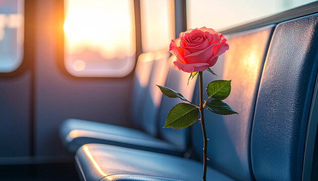 A single pink rose rests on a blue bus seat, bathed in golden sunlight.
