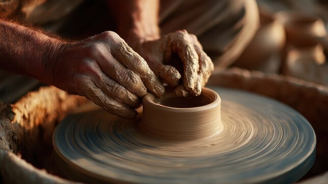 Crafting a clay pot on a pottery wheel at a workshop during sunset with warm light illuminating the artisan's focused hands