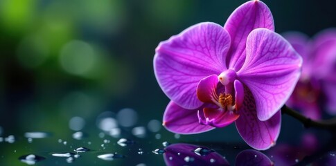 Naklejka premium Close-up, glistening purple orchid; water droplets sparkle , plant, fresh