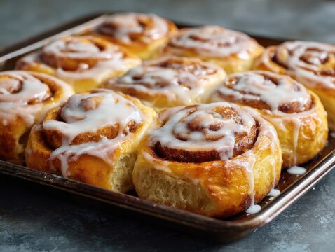 Nine freshly baked cinnamon rolls with white icing in a metal baking pan pastry sweet