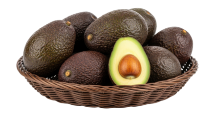 Basket of avocados with one cut open transparent background cutout png