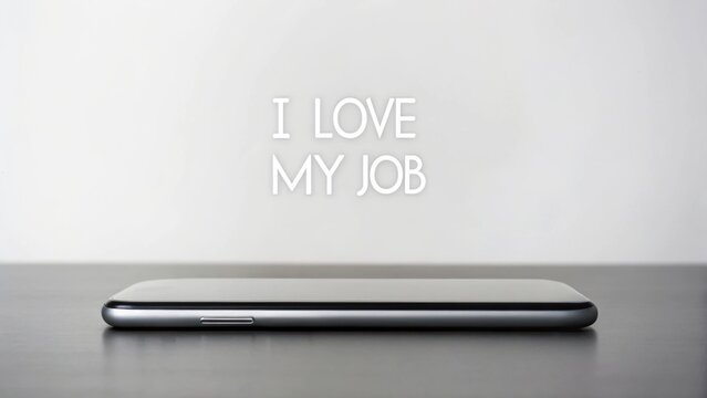 i love my jop A smartphone on a table with the phrase "I love my job" displayed on the wall behind it.
