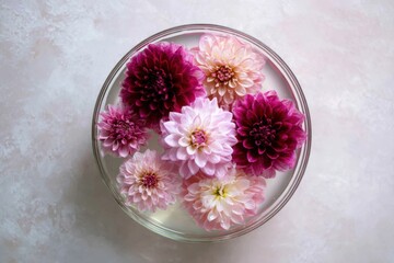 Assortment of Pink and Magenta Dahlia Flowers Floating in a Clear Glass Bowl of Water bloom blossom