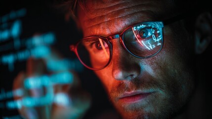 Intense focus of a data analyst working late, reflected in glasses, analyzing digital code with vibrant neon lights
