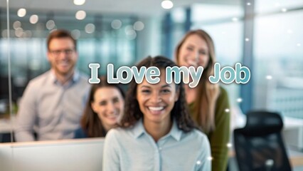 i love my jop Smiling coworkers in an office setting showcasing teamwork and positivity about their jobs.