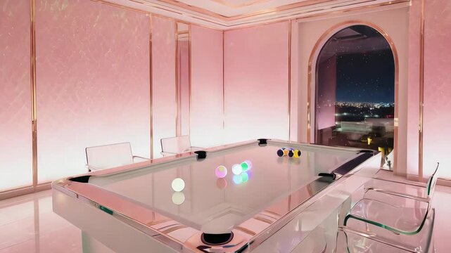 Interior of a luxurious pink-toned room with pool table and city view