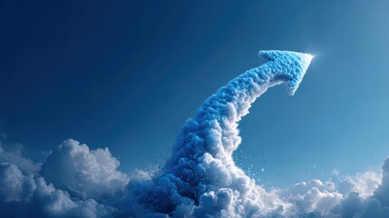 Clouds form a bright blue arrow pointing upward in a clear sky during the day, symbolizing hope and aspiration