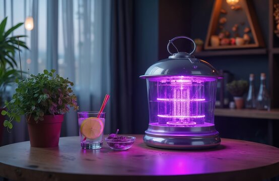 Electric mosquito zapper works on cafe table next to drink and plant. Ultraviolet light attracts and kills bugs providing pest control outdoors. Device prevents insect bites.