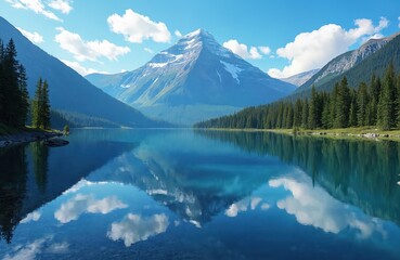 Calm lake perfectly mirrors snow capped mountain peak and green forest trees under bright blue sky with fluffy white clouds. Serene natural landscape offers pure tranquility and scenic beauty.