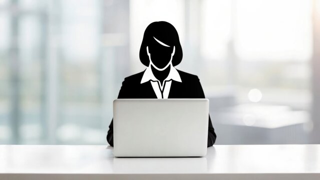 i love my jop A silhouette of a professional person working on a laptop in a bright office space.