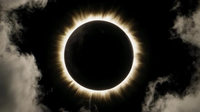 A celestial event displays a dark sphere encircled by a halo of light, framed by wispy clouds