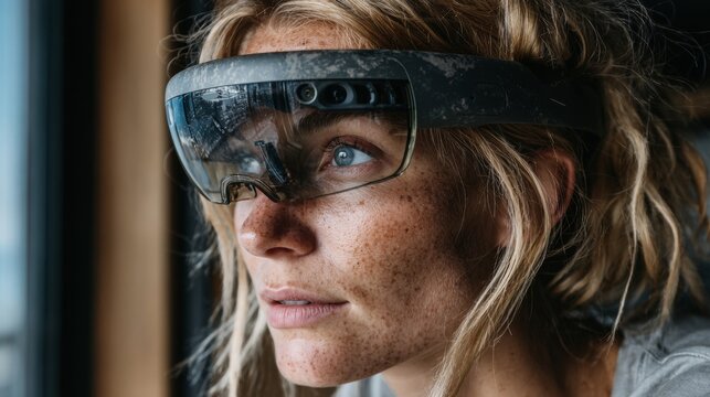 Woman wearing augmented reality headset exploring digital world with future-forward technology, innovation, and immersive experience