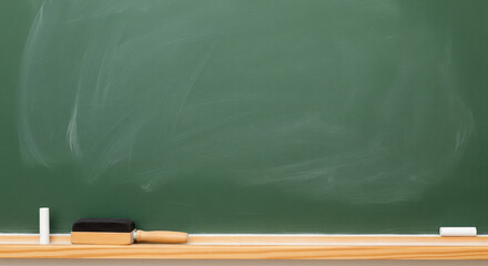 Blank green chalkboard with chalk and eraser, ready for education or announcements