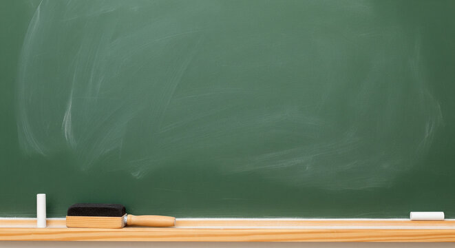Blank green chalkboard with chalk and eraser, ready for education or announcements