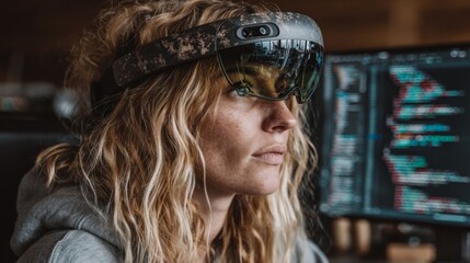 Woman wearing AR headset immersed in futuristic tech, coding, and virtual reality, ready for innovation and digital transformation