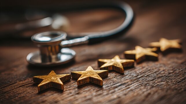 Quality healthcare review with golden stars and a stethoscope on a wooden table during afternoon light - Powered by Adobe