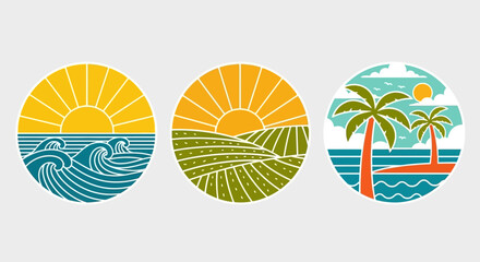 Fototapeta premium Vector collection of circular nature emblems showing a sunrise over ocean waves, rolling farm fields, and a tropical beach with palm trees