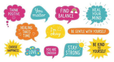Vector illustration set of positive self-talk phrases and motivational messages in colorful thought bubbles