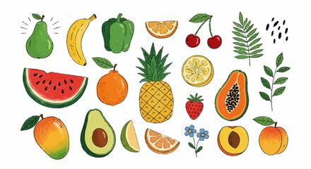 A vibrant, hand-drawn collection of assorted fresh fruits, berries, and tropical leaves isolated on a white background