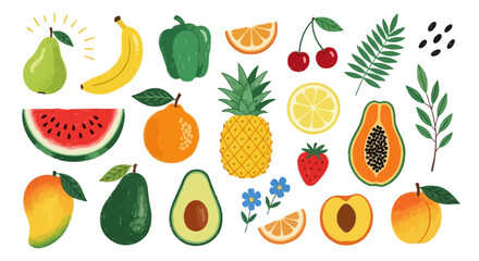 Colorful summer fruit assortment illustrated in a fresh, textured style. A vector collection of healthy, organic food icons for design projects