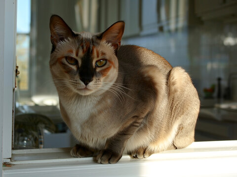 Calico point domestic cat sits alertly on a bright white windowsill indoors
