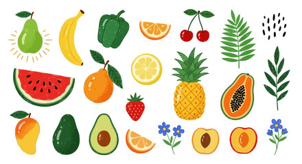 Vibrant collection of hand-drawn textured summer fruits and tropical plants vector design elements
